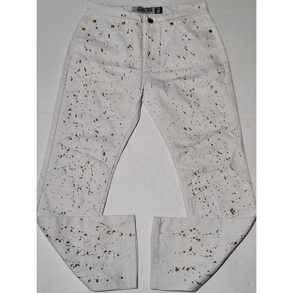 Demolition Denim Premium Jeans  White Size 36X32 NWT  Gold Paint Splat Jeans